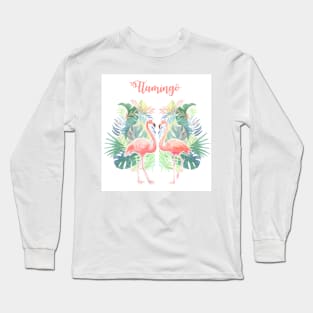 Lovely Fairy Tale For Two Flamingo Tropical Flowers Watercolor Long Sleeve T-Shirt